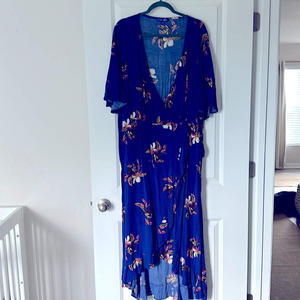 Urban Affair Blue Tropical Floral Wrap Dresss Flutter Sleeves and Ruffled Hem